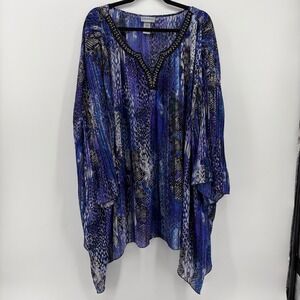 CATHERINES 5X 34/36W Blue Purple Snake Print Embellished Neckline Tunic Top